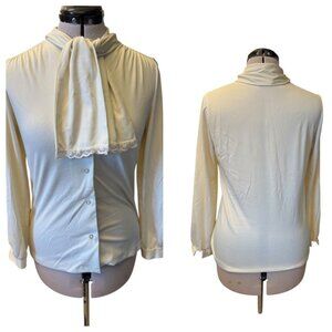 LADY BLAIR Vintage Sz Sm Cream Poly Knit Long Sleeve Button Bow Lace Blouse